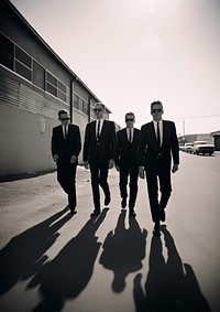 Four man wearing black suit and black sunglasses photography transportation accessories.