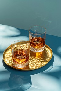 2 glasses whisky serving on a gold oval plate drink refreshment freshness.