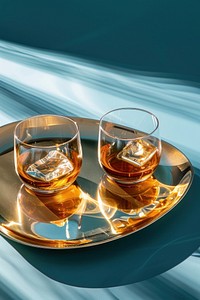 2 glasses whisky serving on a gold oval plate drink blue refreshment.