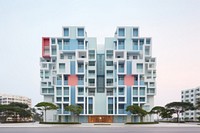 Navy pastel color minimal cube hotel in singapore architecture building city.