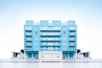 Baby blue pastel color minimal cube hotel in singapore architecture building city.