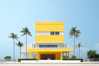 Yellow pastel color minimal cube hotel in singapore architecture building house.