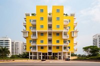 Yellow pastel color minimal cube hotel in singapore architecture building city.