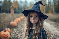 Girl dressed as a witch halloween tranquility celebration.