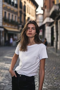 Female model portrait street white.