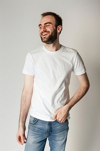 Male model t-shirt laughing sleeve.
