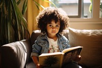 A multiracial toddler reading at home publication furniture portrait.
