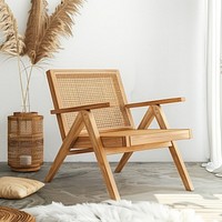 A wooden with rattan armchair furniture architecture relaxation.