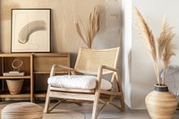 A wooden with rattan armchair furniture room architecture.