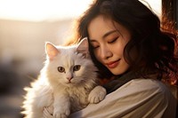 Japanese woman hug a cat portrait animal mammal.