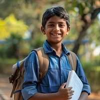 Young indian boy backpack happy smile.