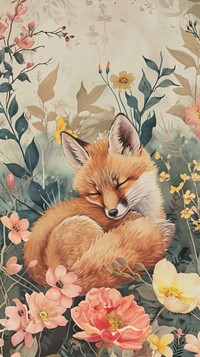Cute baby fox postcard wildlife painting blossom.