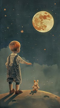 Vintage illustration boy rabbit moon photography astronomy.