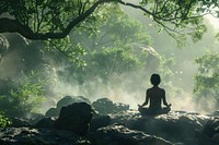 Person is meditating in the middle of nature tree vegetation rainforest.