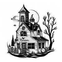 Farmhouse drawing illustrated bonfire.