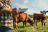 Closeup hand Farmer with tablet inspects cows electronics livestock outdoors.
