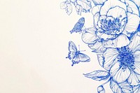 Vintage drawing camellia and butterfly border sketch invertebrate illustrated.