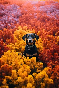 A happy dog landscape flower photography.