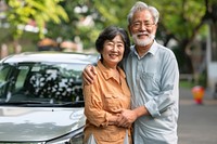 Happy senior asian couple car vehicle adult.