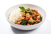 Stir Fried Thai Basil with chicken and a Fried Egg vegetable produce lunch.