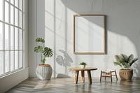 White frame on wall mockup furniture windowsill painting.