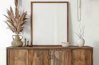 Blank framed photo mockup cabinet wood accessories.