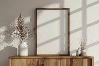 Blank framed photo mockup cabinet furniture person.
