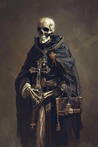 Skeleton in priest outfit painting adult cross.