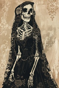 Skeleton in wedding dress portrait fashion drawing.