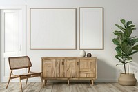 Blank picture frame mockups wood furniture sideboard.