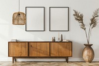 Blank picture frame mockups cabinet wood furniture.