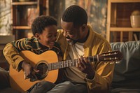 Black dad teaching son play guitar recreation guitarist performer.