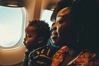 Black mom and son sitting plane and looking window photo happy photography.