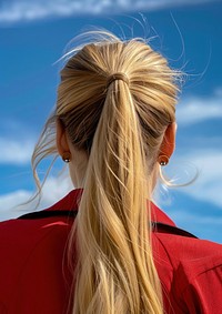 White woman blonde sky-high side pony 80s hairstyles ponytail adult back.