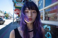 Asian woman purple full bangs hairstyles street transportation individuality.