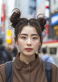 Japanese woman brownroller buns hairstyles portrait street adult.