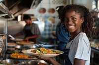 Black girl receive food from volunteer accessories accessory bracelet.