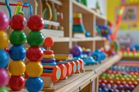 Interior photography detail of toys kindergarten indoors play area.