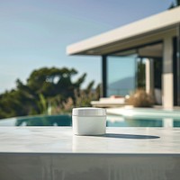Blank hand cream mockup pool architecture furniture.