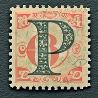 Stamp with alphabet P font calligraphy currency.