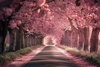 Photo of cherry blossoms road landscape outdoors.
