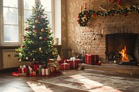 Photo of christmas tree fireplace hearth anticipation.