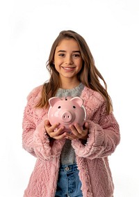 Photo of girl holding pig white background.
