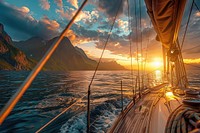 Photo of sunrise sailboat mountain outdoors.