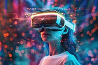 Girl wearing VR glasses adult illuminated accessories.
