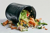 Food waste in a fallen trash can ingredient vegetable freshness.