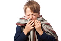Boy coughing into handkerchief white background frustration portrait.