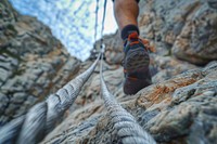 Rappelling with a steel rope clothing footwear outdoors.