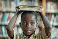 Black child lifts a book and places it on his head library publication student.