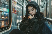 Women sitting traveling on the subway vehicle adult phone.